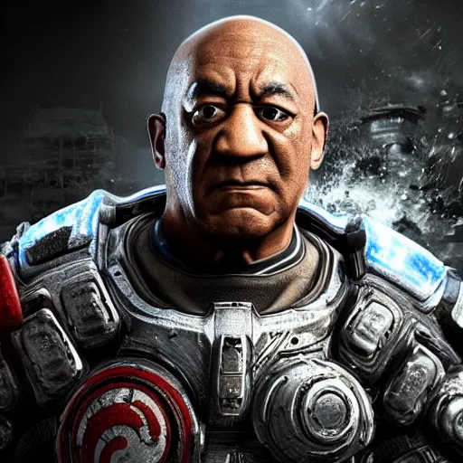 Image similar to asian bill cosby in gears of war, splash art, movie still, detailed face, photorealistic facial features, cinematic lighting, dramatic, octane render, long lens, shallow depth of field, bokeh, anamorphic lens flare, 8 k, hyper detailed, 3 5 mm film grain