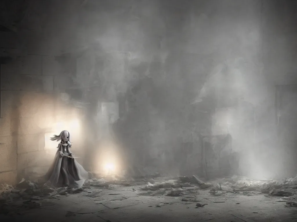 Prompt: cute fumo plush girl ghost in a mysterious concrete wartorn brutalist ruin, chibi gothic wraith maiden of the afterlife, dramatic three point lighting, glowing wisps of hazy smoke and volumetric fog swirling about, production volume rendering, vray