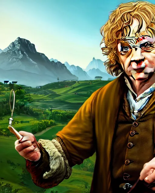 Image similar to Bilbo Baggins from Lord of the rings in GTA V loading screen, GTA V Cover art by Stephen Bliss, boxart, loading screen,