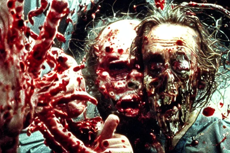 Image similar to filmic extreme wide shot dutch angle movie still 35mm film color photograph of a doctor getting his both his eyeballs pulled out by dangerous alien worms coming from off camera, blood splattering, in the style of The Thing 1982 horror film