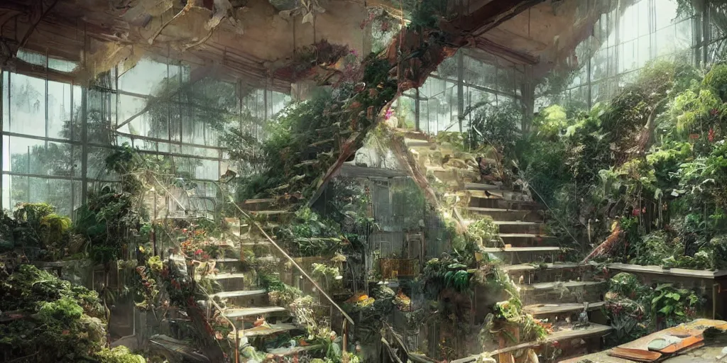 Prompt: photo of a stunning indoor garden. cozy. stairs. trending on artstation. cgsociety. art by greg rutkowski and moebius.