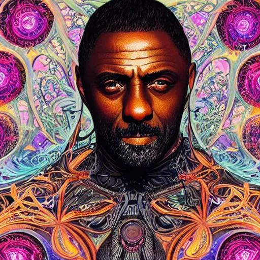 Image similar to portrait of idris elba, hyper detailed masterpiece, neon floral pattern, jean giraud, digital art painting, darkwave goth aesthetic, psychedelic, artgerm, donato giancola and tom bagshaw