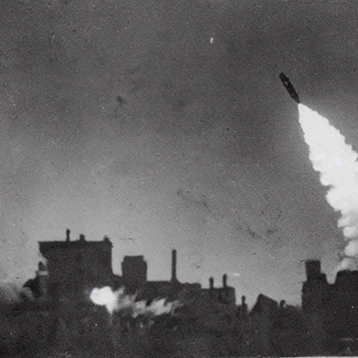 Image similar to 1800s camera obscura photography of a heavily armed zeppelin firing missiles into a city which is in flames