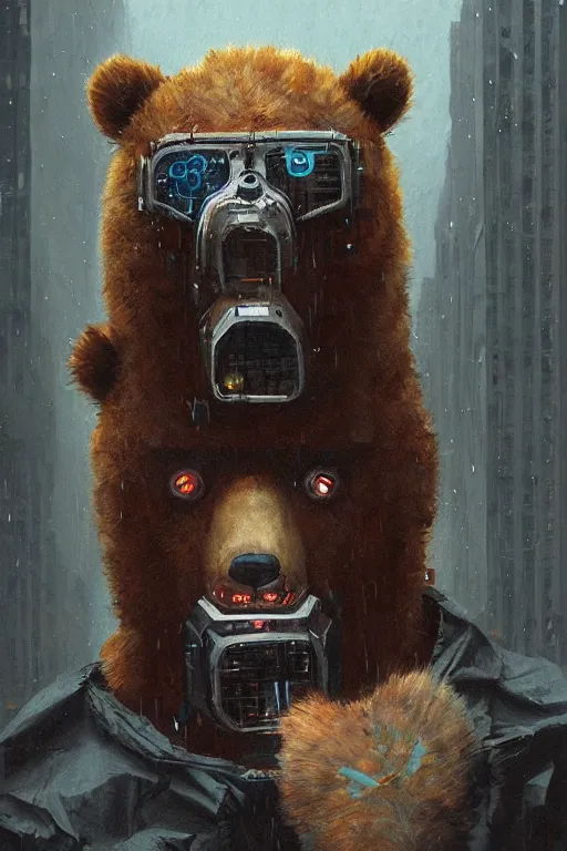 Prompt: new york city portrait of furry anthro anthropomorphic grizzly bear head animal person fursona wearing clothes strange cybernetic augmentations cyber muzzle gloomy rainy cyberpunk digital art by Greg Rutkowski, Simon Stalenhag, trending on Artstation, CGSociety