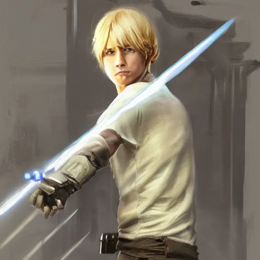 Image similar to a young blonde male jedi with short hair looking away at a threat full body shot concept art by Doug Chiang cinematic concept art, realistic painting, high definition, digital art, matte painting, symmetrical, very detailed, realistic, dramatic lighting, cinematic, establishing shot, extremely high detail, photo realistic, cinematic lighting, post processed, concept art, artstation, matte painting, red color scheme