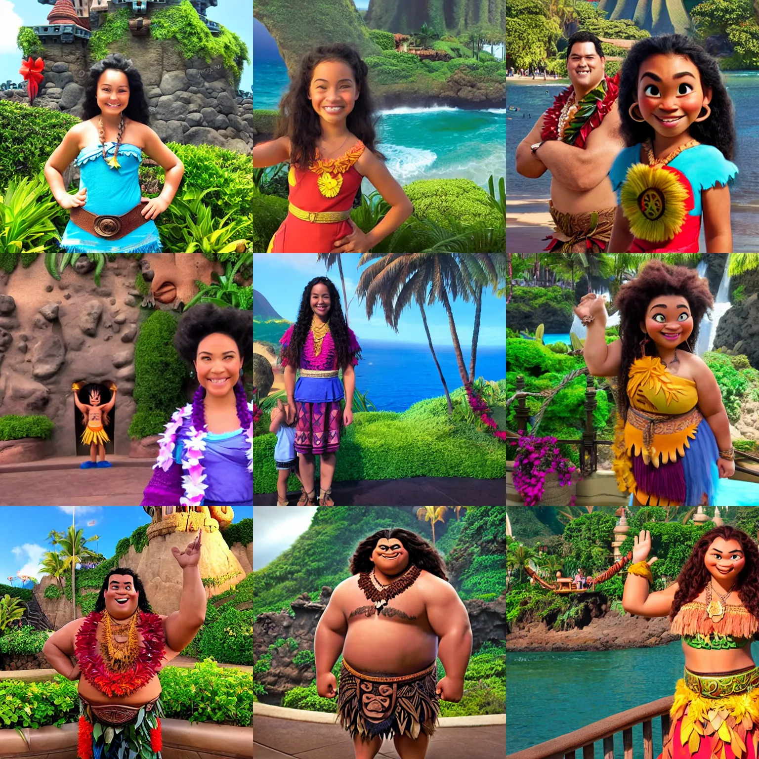 Prompt: maui from moana in disneyland, realistic photo, standing in front of castle, as real person