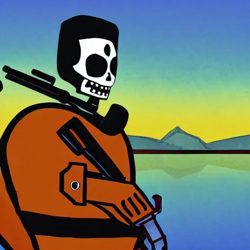 Image similar to manny calavera sitting with a rifle, in a cabin, on a lake, sunrise, grim fandango style,