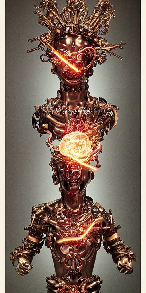 Image similar to a young handsome Spanish metal android with a large glowing red lit crystal in the center of his chest, full-body bronze cyberpunk style statue of Icarus with glowing purple eyes, crown of mechanical peach roses, flowing teal-colored silk, fabric, steampunk flowers. baroque elements, human skull. full-length view. baroque element. intricate artwork by caravaggio. many flying horses on background. Trending on artstation, octane render, cinematic lighting from the right, hyper realism, octane render, 8k, depth of field, 3D