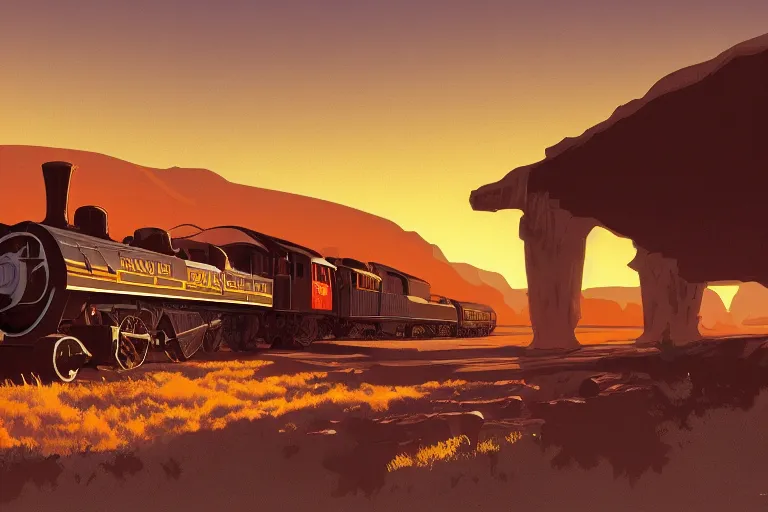 Prompt: idyllic old western train station illustration by syd mead, artstation, 4 k, graphic novel, concept art, matte painting, steam engine, beautiful mountain desert sunset background, golden hour