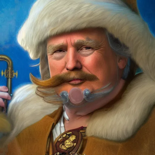 Image similar to a detailed matte portrait of donald trump as santa ana at the alamo, long twirling moustache, by alphonse mucha and albert bierstadt and thomas moran and charles russel, god rays, intricate detail, cinematic, 8 k, featured on artstation, pixiv