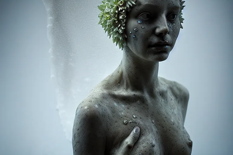 Image similar to a sculpture of a person with flowing tears, fractal flowers on the skin, intricate, a marble sculpture by nicola samori, behance, neo - expressionism, marble sculpture, apocalypse art, made of mist, still frame from the prometheus movie by ridley scott with cinematogrophy of christopher doyle, arri alexa, anamorphic bokeh, 8 k