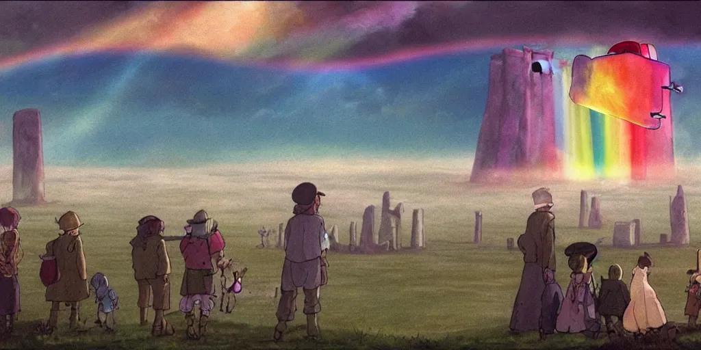 Prompt: a realistic cell - shaded concept art from howl's moving castle ( 2 0 0 4 ) of a rainbow colored cube from close encounters of the third kind ( 1 9 7 7 ) flying over a flooded stonehenge. it is a misty starry night. very dull colors, hd, 4 k, hq