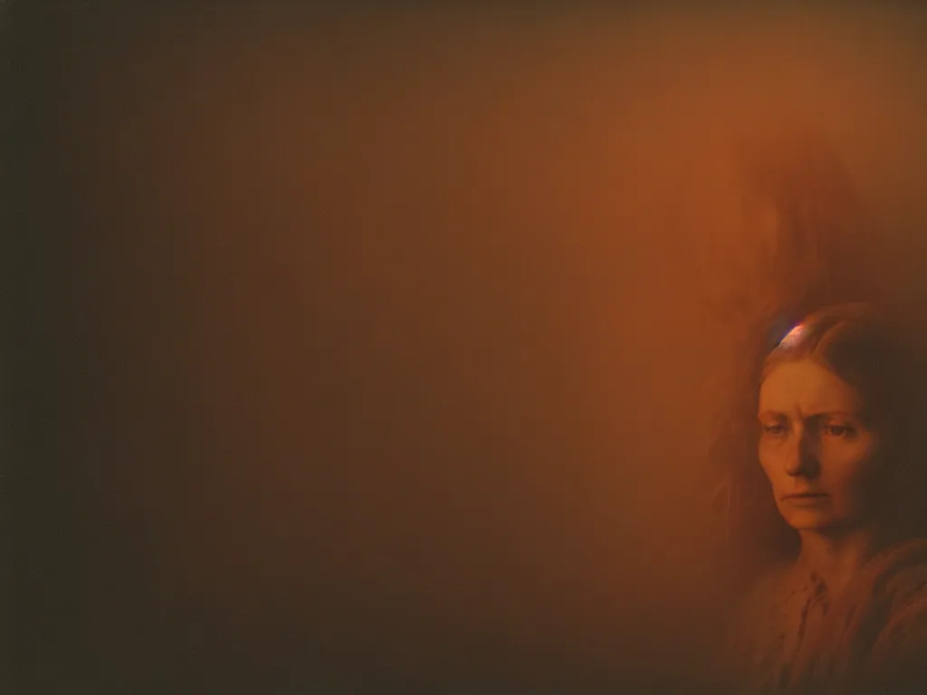 Image similar to close up portrait bust of woman, solemn expression, faded color film, russian cinema, tarkovsky, kodachrome, heavy forest, wood cabin in distance, long brown hair, old clothing, heavy fog, atmospheric haze, brown color palette, sunset, low light, hudson river school, 4 k, dramatic lighting