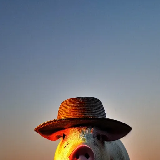 Image similar to a pig wearing a straw hat at blue hour, twilight, cool, award winning 4 k photo