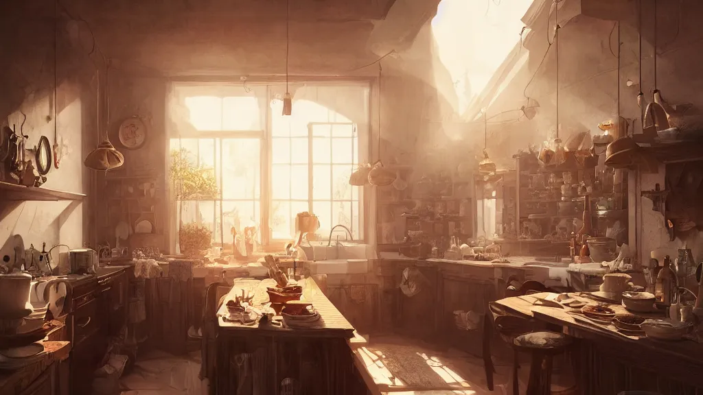 Image similar to a photorealistic hyperrealistic render of an interior of a beautifully decorated cozy kitchen by pixar, greg rutkowski, wlop, artgerm, dramatic moody sunset lighting, long shadows, volumetric, cinematic atmosphere, octane render, artstation, 8 k