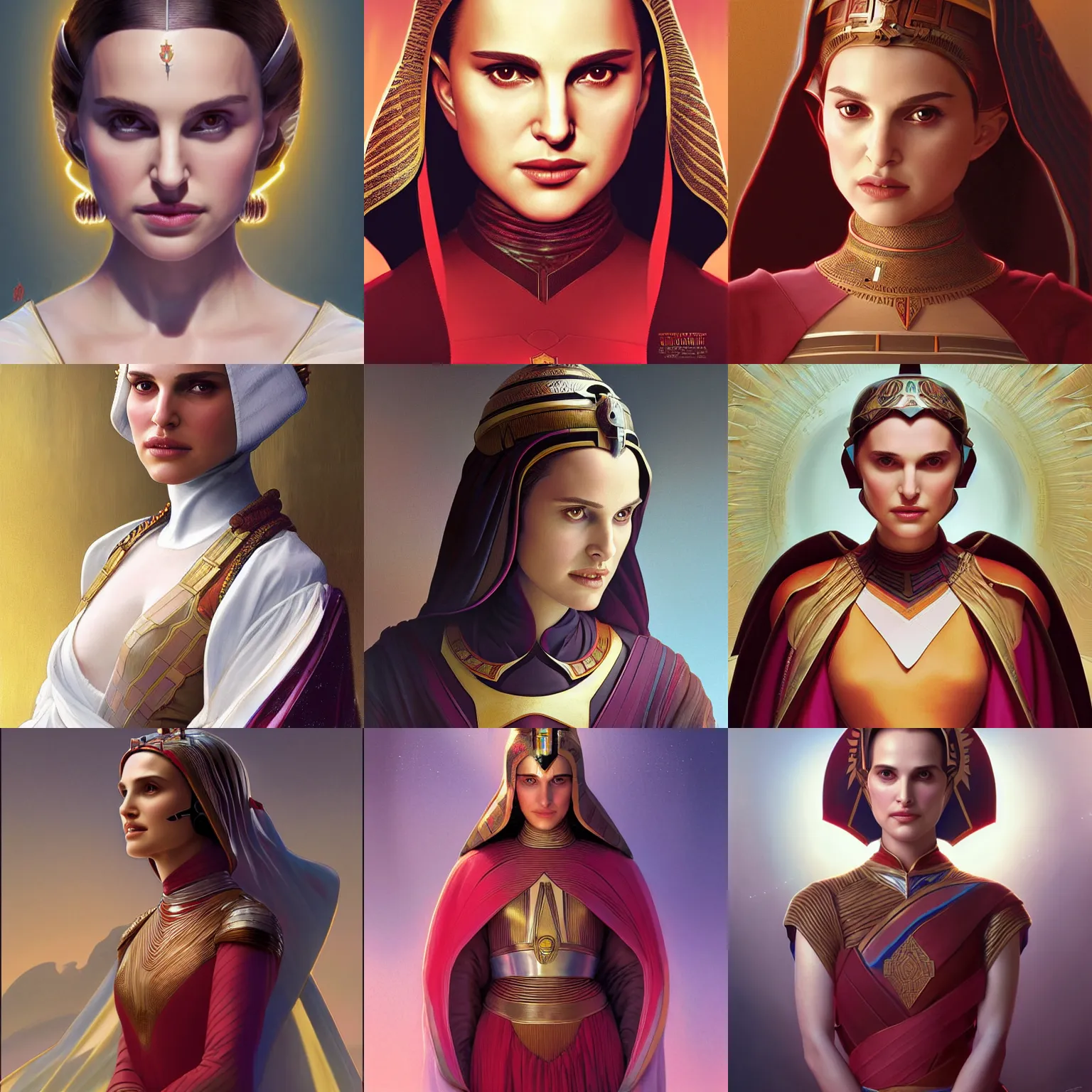 Prompt: young natalie portman as queen amidala, octane render, highly detailed, digital painting, artstation, concept art, smooth, sharp focus, illustration, art by artgerm and greg rutkowski and alphonse mucha and william - adolphe bouguereau