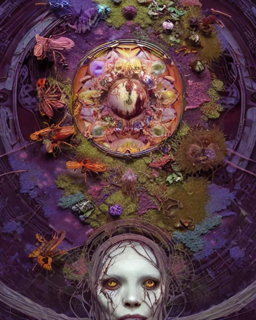 Image similar to the platonic ideal of flowers, rotting, insects and praying of cletus kasady carnage davinci dementor chtulu mandelbulb mandala ponyo dinotopia the witcher, fantasy, ego death, decay, dmt, psilocybin, concept art by randy vargas and greg rutkowski and ruan jia and alphonse mucha