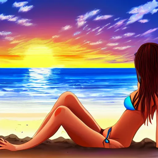 Prompt: digital art hand-drawn beautiful anime girl in a bikini watching the sunset on a beach