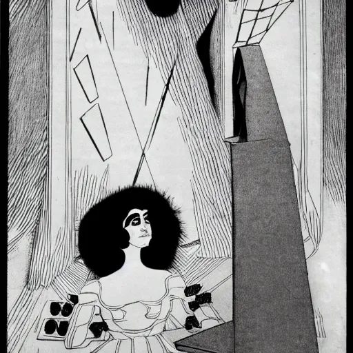 Prompt: the somnambulist from the cabinet of dr. caligari playing a large moog modular synthesizer, handsome portrait style of aubrey beardsley