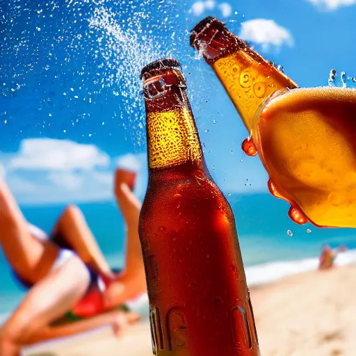 Prompt: a photo of a bottle of beer, product photo, splashes of liquid, beach background with young people having fun, energetic, delicate by marcel christ