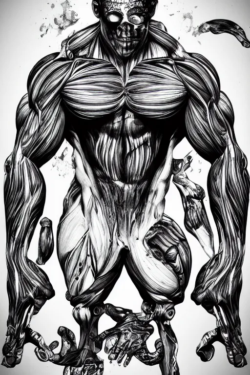 Image similar to black and white illustration, creative design, body horror, muscle monster