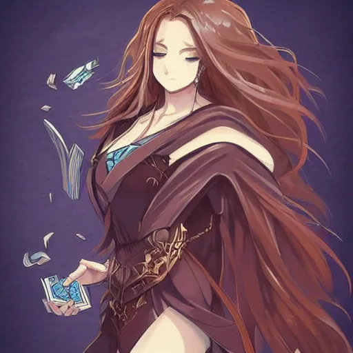 Image similar to “A detailed beautiful anime woman with brown flowing hair, long blue cape, decorative leather armor, surrounded by a catacomb of books, trending on artstation, by rossdraws”