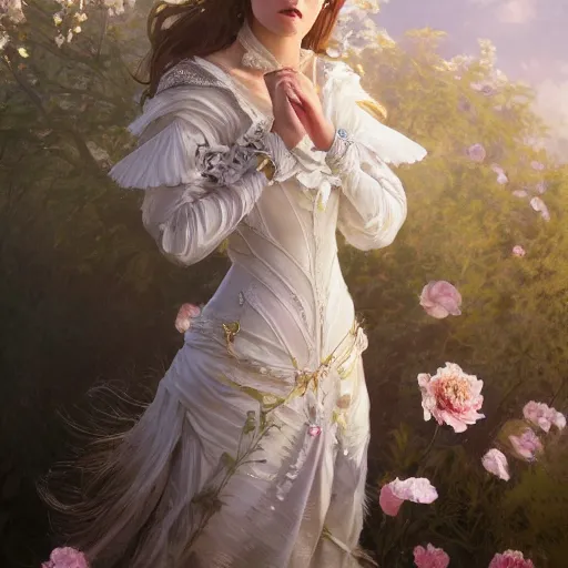 Image similar to a sweet queen with a decorated dress made of white cotton roses and white and cream plumes of swan, highly detailed, digital painting, Trending on artstation , HD quality, by artgerm and greg rutkowski and alphonse mucha, dramatic light, octane