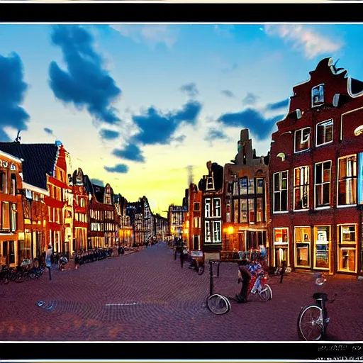 Prompt: a warm summer night in groningen, the netherlands, 2 0 0 8, detailed, wideshot, photorealistic, blue - yellow sky