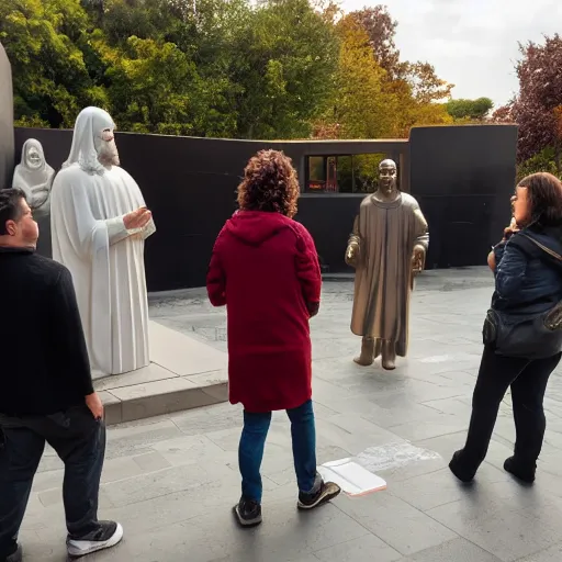 Image similar to religious debate between people in front of concrete statue of Christ