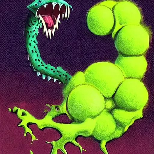 Image similar to a tennis ball monsters , snake, digital art, fantasy, magic, trending on artstation, ultra detailed, professional illustration by Basil Gogos