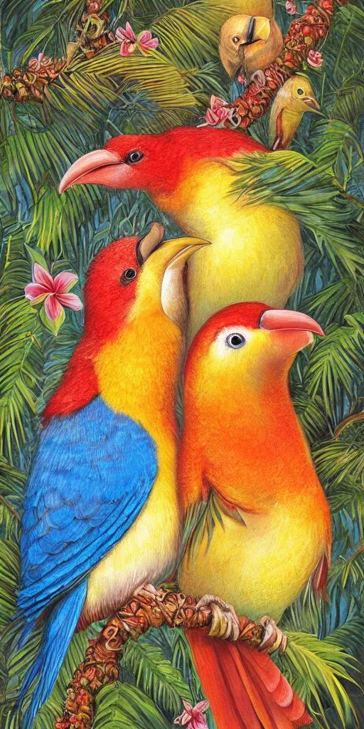 Prompt: greeting card, love, 2 beautiful tropical birds, by greg simkins, warm colors, cozy