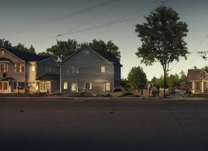 Image similar to a detailed photographic render of an american suburb by gregory crewdson, photoreal, 4 k