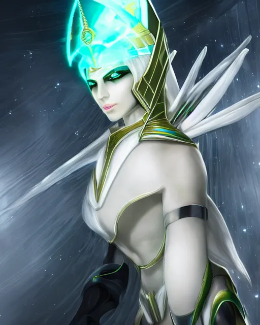 Image similar to perfect white haired attractive egyptian goddess with green eyes, warframe armor, pharaoh headdress, beautiful, symmetric, dreamy, half asian, pretty face, charlize theron, detailed, scifi platform, laboratory, experiment, 4 k, ultra realistic, epic lighting, android body, illuminated, cinematic, masterpiece, art by akihito tsukushi, voidstar