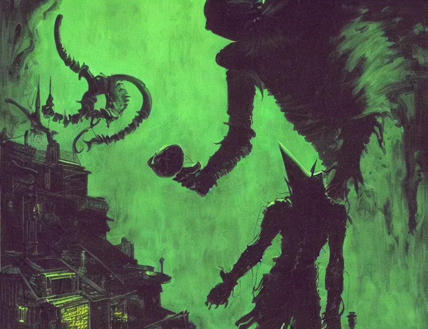 Image similar to a close - up view portrait of a silhouetted supernatural wizard in brutalist halls with metallic alien technology. close - up view, detailed textures. glowing green purple fog, dark black background. highly detailed fantasy science fiction painting by moebius, norman rockwell, frank frazetta, and syd mead. rich colors, high contrast