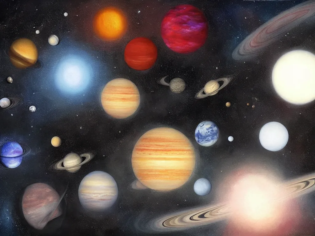 Image similar to A beautiful painting of five planets by Gioele Muscolino and Daniel Oxford, five planets that are black, white, yellow, red, and blue, behind the galaxy and the universe, Trending on artstation, By Emmanuel Lubezki