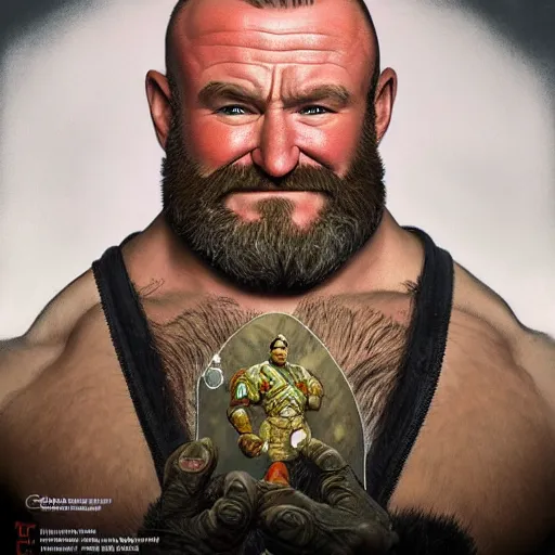 Image similar to robin williams as zangief from street fighter, flexing, ultra realistic, concept art, intricate details, eerie, highly detailed, photorealistic, octane render, 8 k, unreal engine. art by artgerm and greg rutkowski and magali villeneuve and alphonse mucha