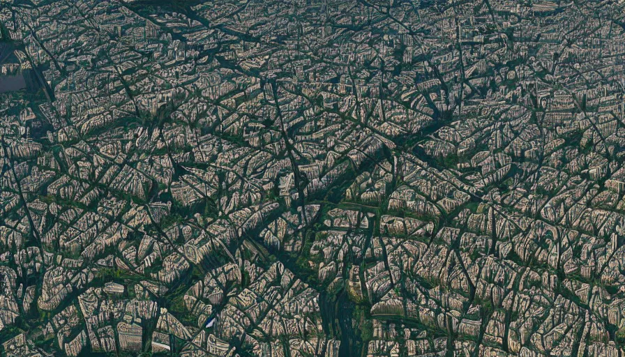 Prompt: Aerial view of Paris with lots of vegetation, hyperdetailed, artstation, cgsociety, 8k