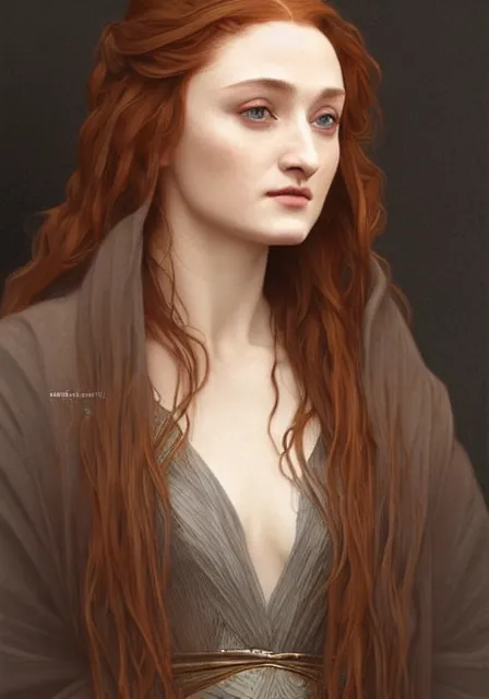 Image similar to portrait of sansa stark with long hair, intricate, elegant, highly detailed, digital painting, artstation, concept art, smooth, sharp focus, illustration, art by artgerm and greg rutkowski and alphonse mucha and william - adolphe bouguereau