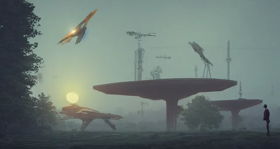 Image similar to A Giant Mechanical bird looms in the distance, mechanical bird, very hazy, rendered by simon stålenhag, rendered by Beeple, Makoto Shinkai, syd meade, environment concept, digital art, starwars, unreal engine, 3 point perspective, WLOP, trending on artstation, low level, 4K UHD image, octane render,