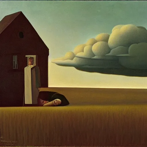 Image similar to the clouds of fear by Grant Wood, oil on canvas