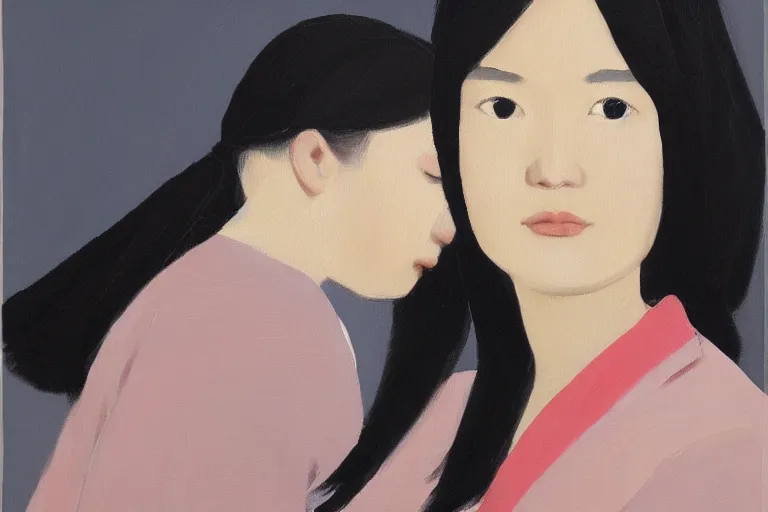 Prompt: a portrait of a cute japanese girl, oil painting by alex katz, trending on artstation