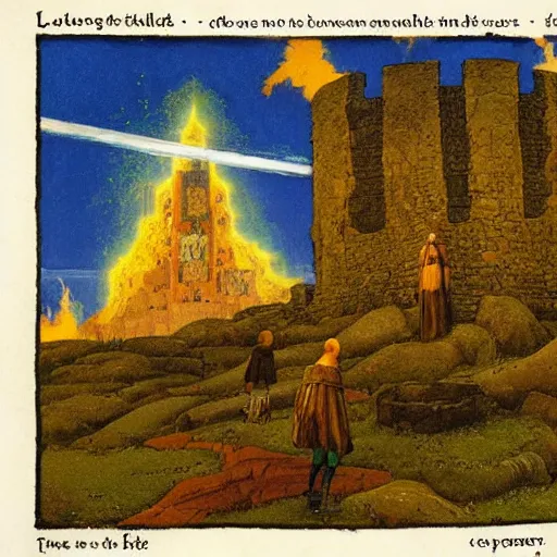 Prompt: a medieval tower exploding and crumbling, the tower tarot card, larry elmore, nc wyeth