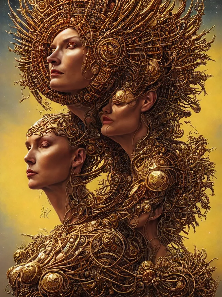 Image similar to hyper-realistic fullbody portrait. very complex hyper-maximalist overdetailed cinematic cosmic scifi portrait of an elegant very attractive sun goddess mother of the universe by andrei riabovitchev, tomasz alen kopera, oleksandra shchaslyva and peter morbacher. Extremely ornated and decorative. Fancy luxury beautiful. Omnious intricate. Secessionist portrait illustration. Goddess of the sky. Focus on face. Artstation. Deviantart. 8k 4k 64megapixel. Rendered by binx.ly.