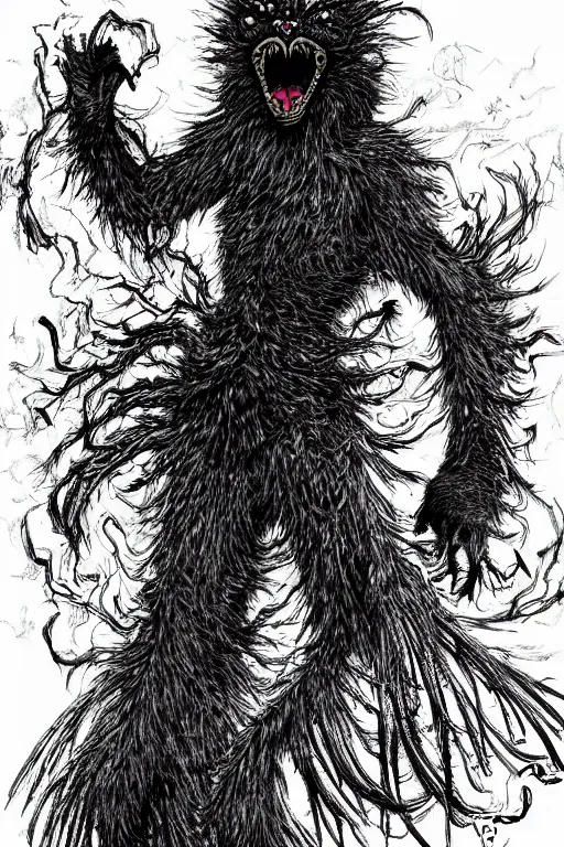 Image similar to crow monster, fangs, highly detailed, digital art, sharp focus, trending on art station, kentaro miura manga art style