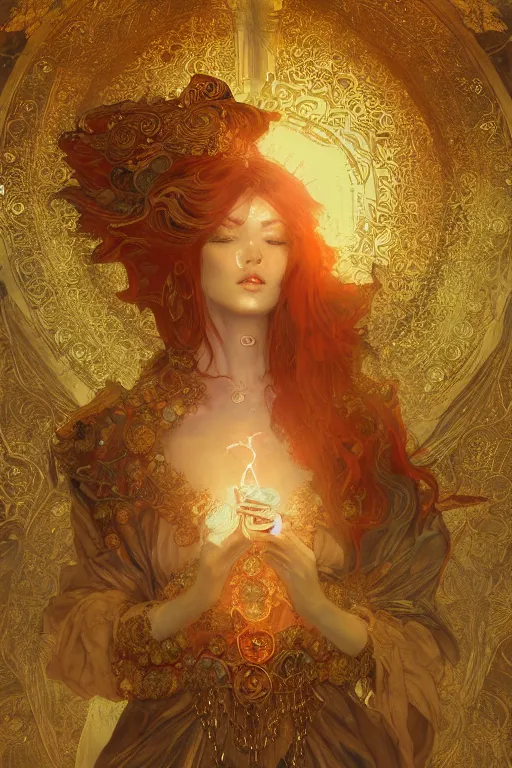 Image similar to tarot card artstation, portrait of a winged love dancer, sunrise, baroque ornament and rococo ornament, ancient chinese ornate, hyperdetailed, beautiful lighting, craig mullins, mucha, klimt, yoshitaka amano, red and gold and orange color palette