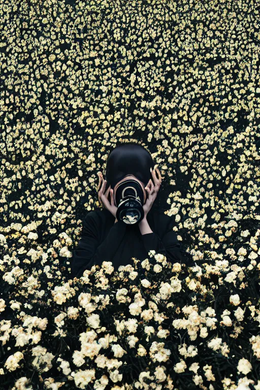 Image similar to a surreal portrait of a woman wearing gas mask diving into the ground of black flowers in the style of brooke didonato, editorial fashion photography from vogue magazine, full shot, nikon d 8 1 0, ƒ / 2. 5, focal length : 8 5. 0 mm, exposure time : 1 / 8 0 0, iso : 2 0 0