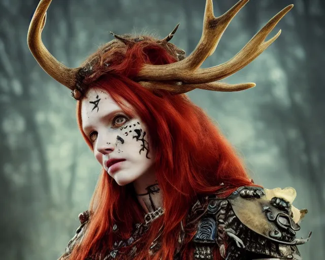 Image similar to 5 5 mm portrait photo of an armored gorgeous anesthetic redhead woman warrior with a face tattoo and antlers growing from her head, in a magical forest in the style of stefan kostic, art by luis royo. highly detailed 8 k. intricate. lifelike. soft light. nikon d 8 5 0. cinematic post - processing