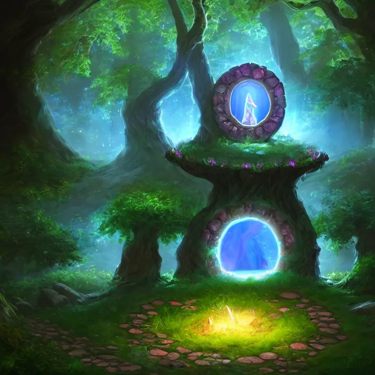 Image similar to Fantasy Magical fairy-tale glowing stone portal in the forest. Round stone portal teleport in trees to other worlds. Fantastic landscape. Magic Altar in the fores, highly detailed, digital painting, artstation