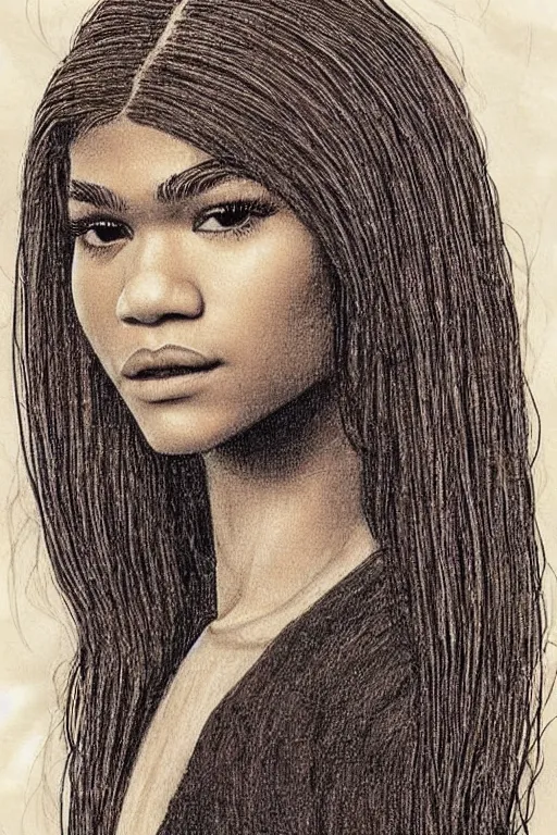 Image similar to a portrait of zendaya in the style of leonardo da vinci drawing,, single head, no double head,