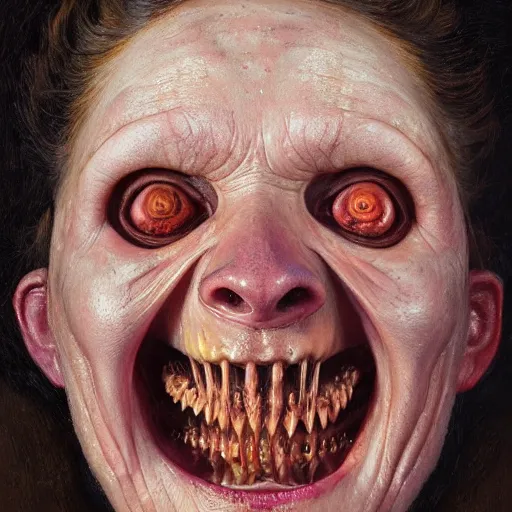 Image similar to a portrait of margarita simonyan, flesh eating worms, macabre, horror saw teeth, horror rotten teeth, peeling face skin, by donato giancola and greg rutkowski and wayne barlow and zdzisław beksinski, realistic face, visible face, digital art, artstation, symmetry